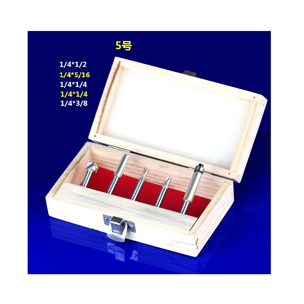 

5PCS 1/4 Shank 6.35mm Tungsten Carbide Router Bit Set Woodworking Milling Cutter In Wooden Box