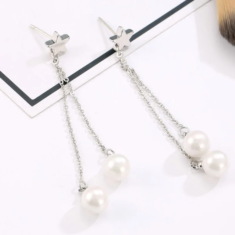 Длинные серьги женские сережки с искусственным жемчугом Клипсы
