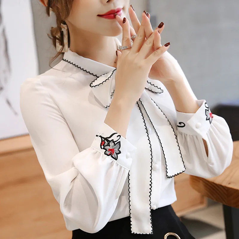 Женские топы и блузки женские офисные рубашки с вышивкой бант шифоновая цветочный блузка 0726 30