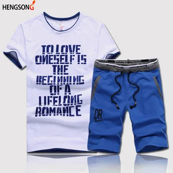 

Summer 2 Piece Men's Set Fitness Clothes Man Casual O-neck Letters Printed T-Shirt+ Drawstring Shorts Man Fitness Set