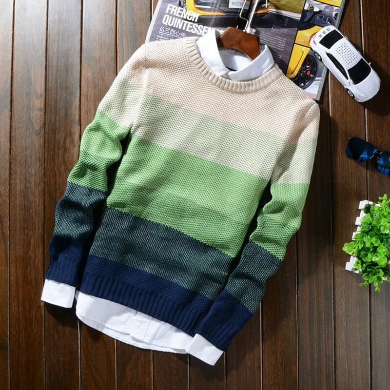 

2019 Fashion male warm winter Set head Round collar knitting shirts/Men High quality stripe slim Fit leisure sweater S-XXL