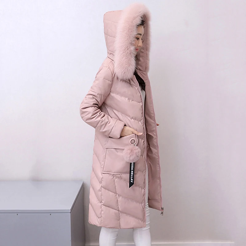 Зимняя кожаная куртка женская тонкая хлопковая куртка с лисьим меховым воротником теплая верхняя одежда с капюшоном 2019 Новая мода Большой