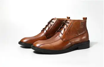 

Dress Shoes Men High Top Casual Shoes Genuine Leather Lace Up Men's Martin Boots Sewing Flats Waxy Brown New Ankle Boots