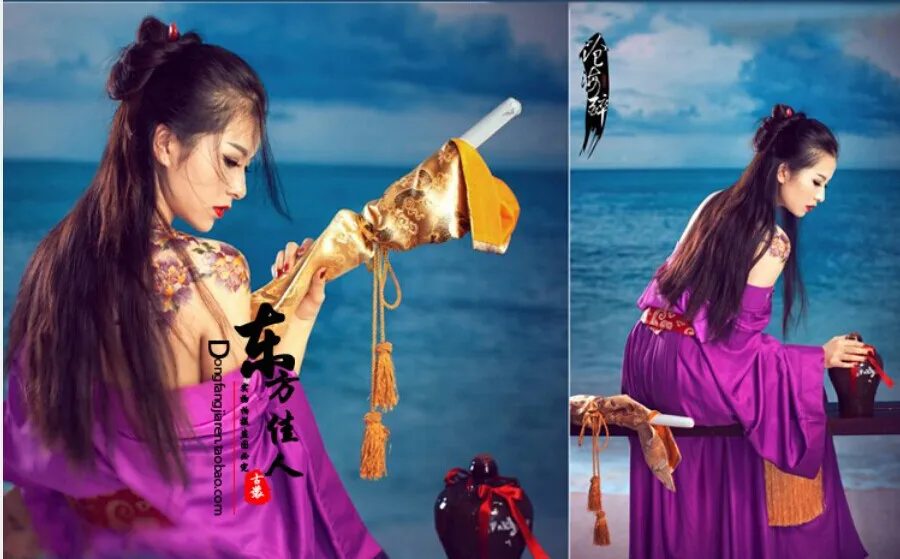 Новое поступление фотографии костюм Древняя китайская Меч леди фиолетовый сексуальный костюм пьяный на море смеяться над Красота canghaizui