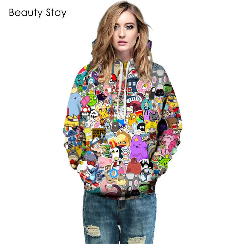 BeautyStay 3d Толстовки с принтом кофты Для женщин капюшоном свободно плюс Размеры Harajuku пуловер с капюшоном хип-хоп Уличная