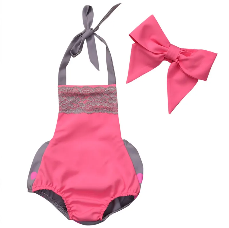 

2PCS/Set Newborn Infant Baby Girls Clothes Lace Sleeveless Halter Backless Romper Jumpsuit + Bowknot Handband Summer Outfits