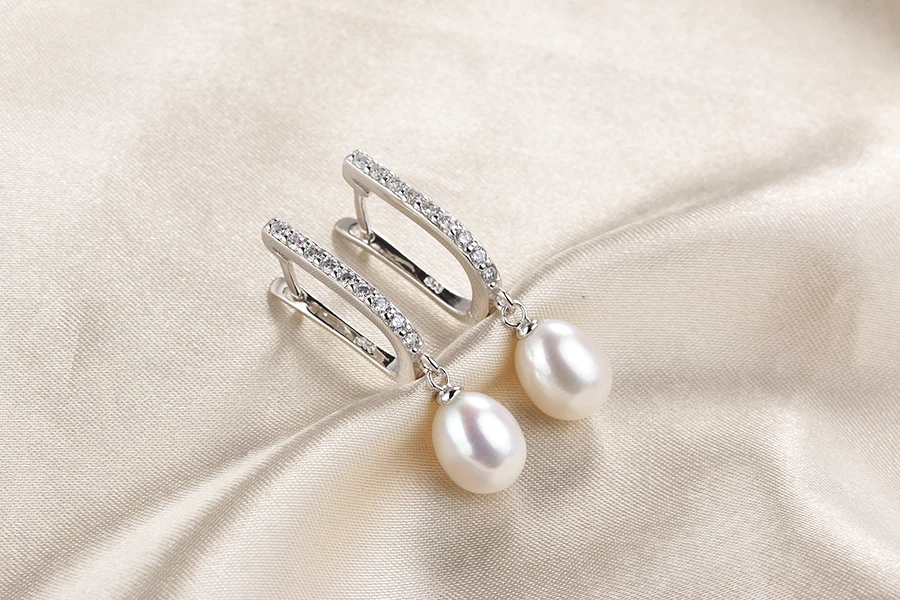 HTB18N0Ve8iE3KVjSZFMq6zQhVXai - Women Freshwater Pearl Earrings Zircon Fashion 925 Sterling Silver Drop Earring White Real Pearl Wedding Jewelry With Box