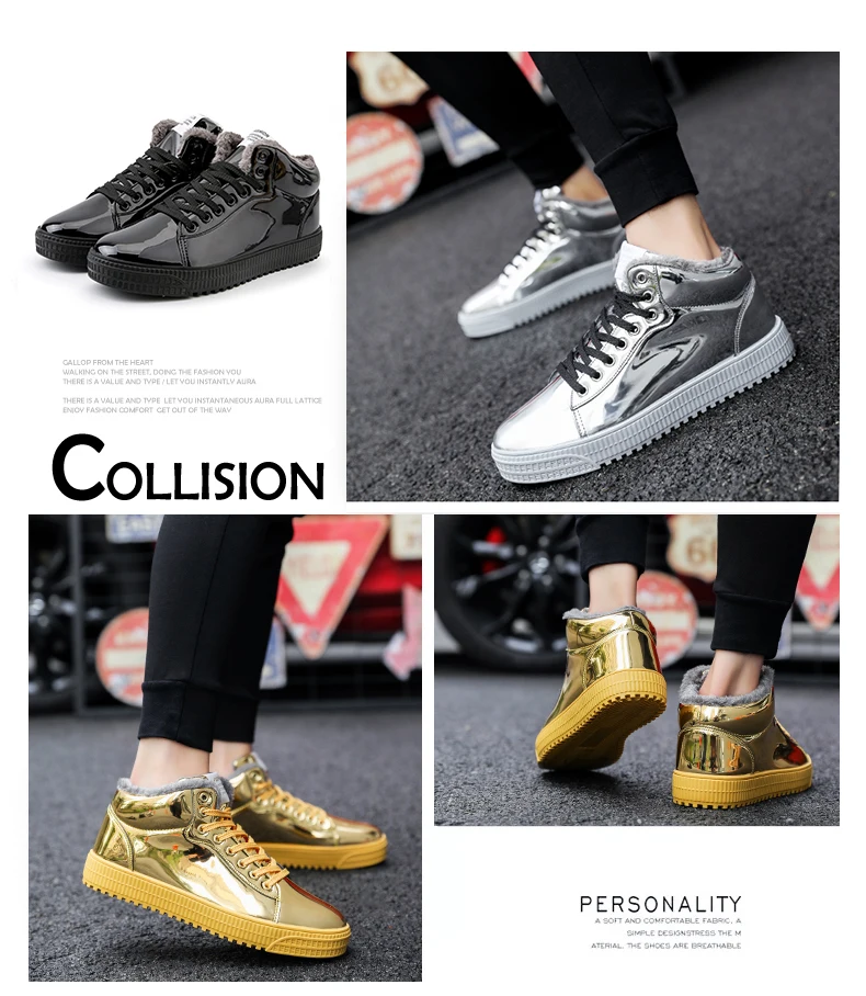 TYDZSMT Women Vulcanized Shoes Short Plush Warm Sneakers Ladies Lace-up Basket Shoes Bling Mirror Leather Flat Gold Shoe