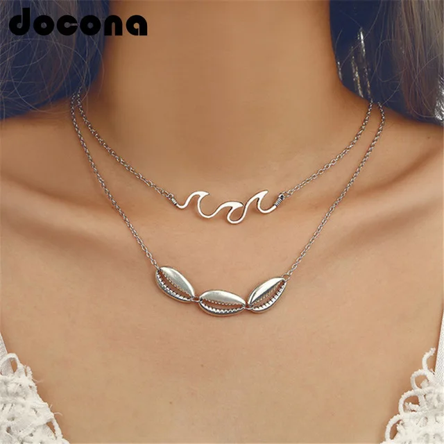 

Docona Bohemian Silver Color Shell Wave Layered Necklace for Women Girl Long Pendant Necklace Statement Jewelry Collars 6593