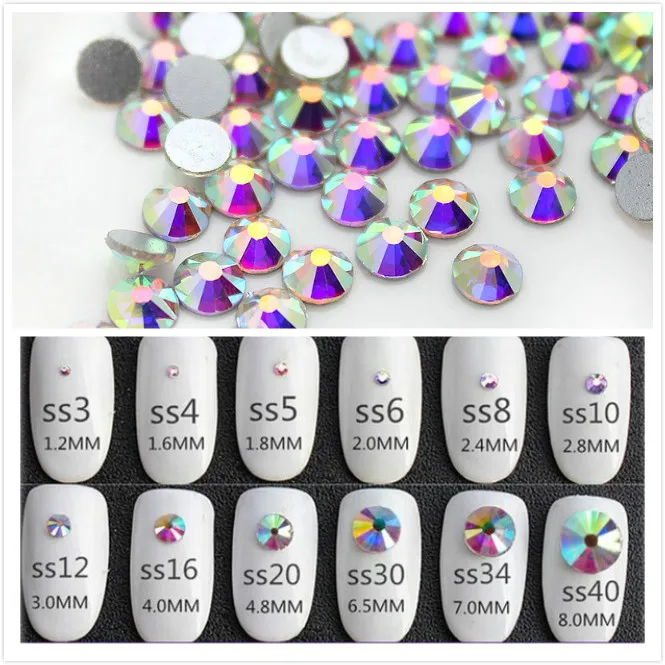 Diamantes de imitación Nail art, ss3 ss50 de superbrillo, Cristal AB, parte trasera plana, sin adhesivo, decoración 3D para uñas, prendas de vestir, diamantes de imitación variados|nail art decorations|crystal abnon hotfix - AliExpress