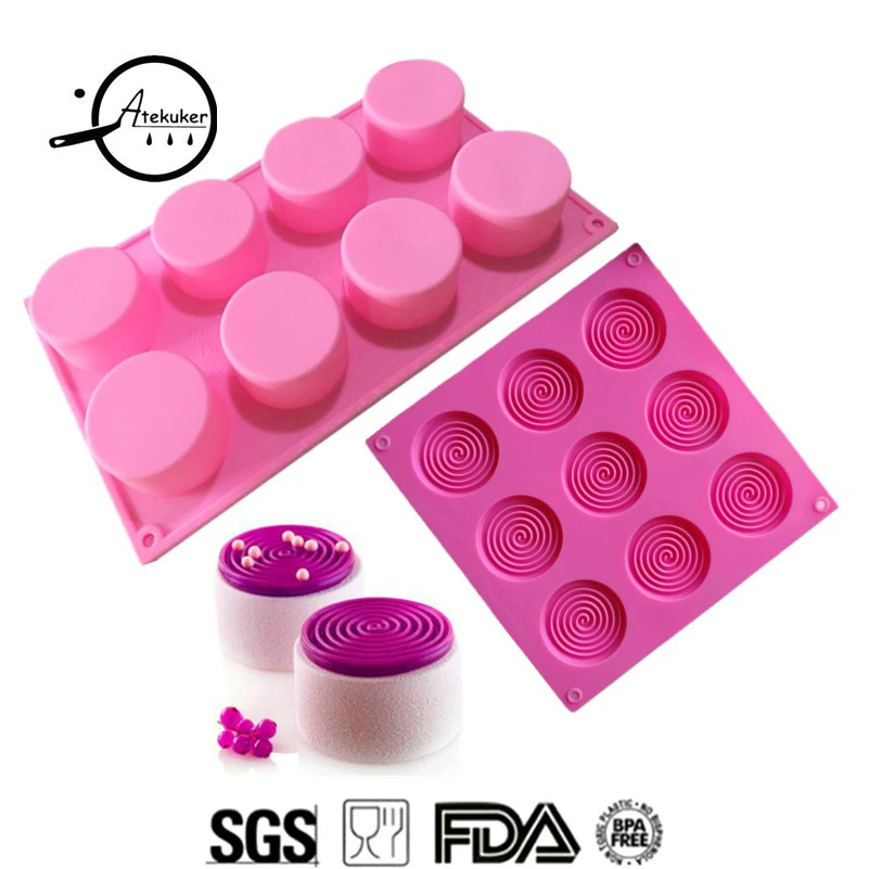 

Atekuker 2Pcs/lot Swirl Cylinder Shape Silicone Mold For Baking Mousse Cake Silicone Form Pastry Tools Bakery Silicone Molds