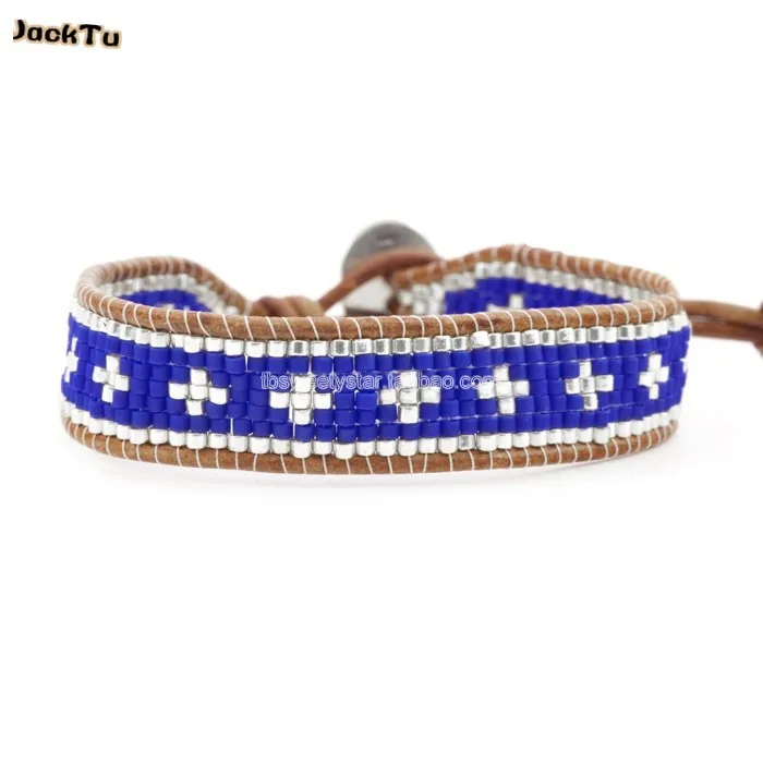 

fashion blue and silver seed beads cross leather wrap bracelet for woman