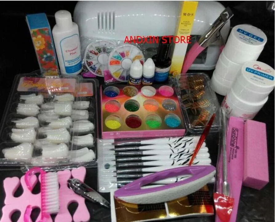 Pro Nail Art UV Gel Kits Tools Pink UV lamp Brush Tips Glue Acrylic