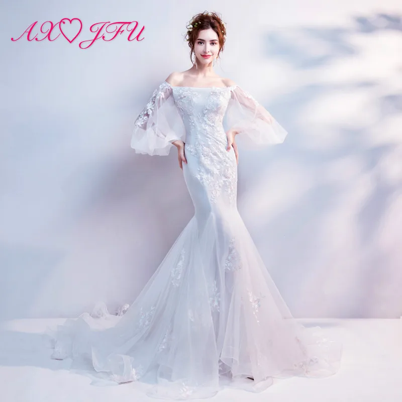 

AXJFU princess boat neck lace mermaid wedding dress luxury vintage beading flower white beach trumpet wedding dress 2408t