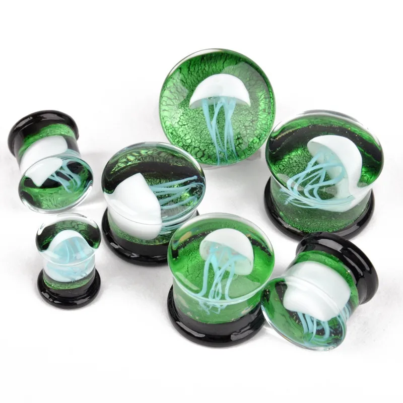 

2pcs 8-16mm Green Jellyfish Grass Ear Plug Ocean Ear Piercing Double Flared Translucent Bright Ear Gauges Body Jewelry