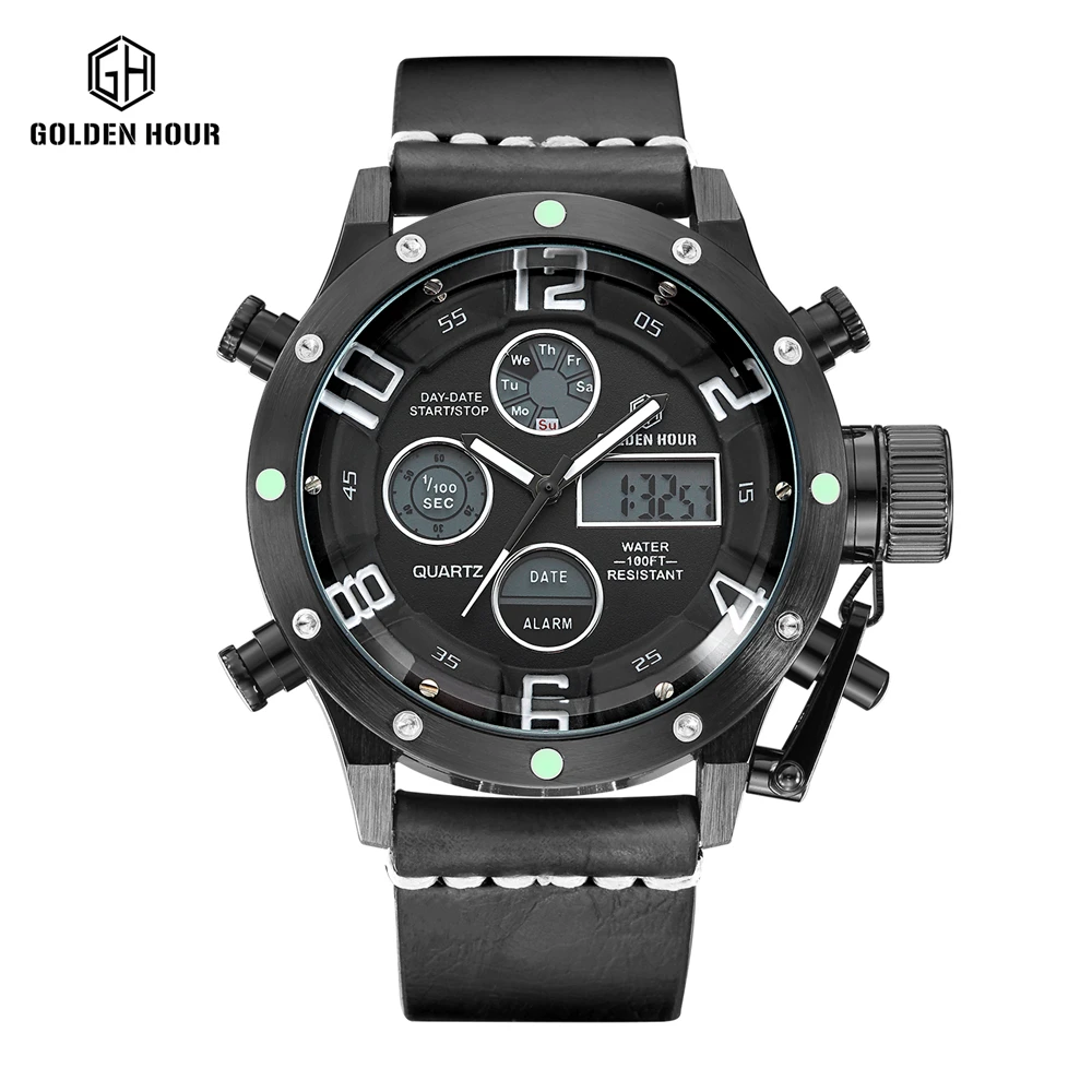

GOLDENHOUR Fashion Luxury Brand Men Military Sports Watches Men's Leather Quartz Analog LED Clock Chronograph Relogio Masculino