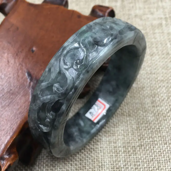 

59mm Vintage Chinese Hand-carved Black Green Jadeite Jade Bracelet Bangle 758