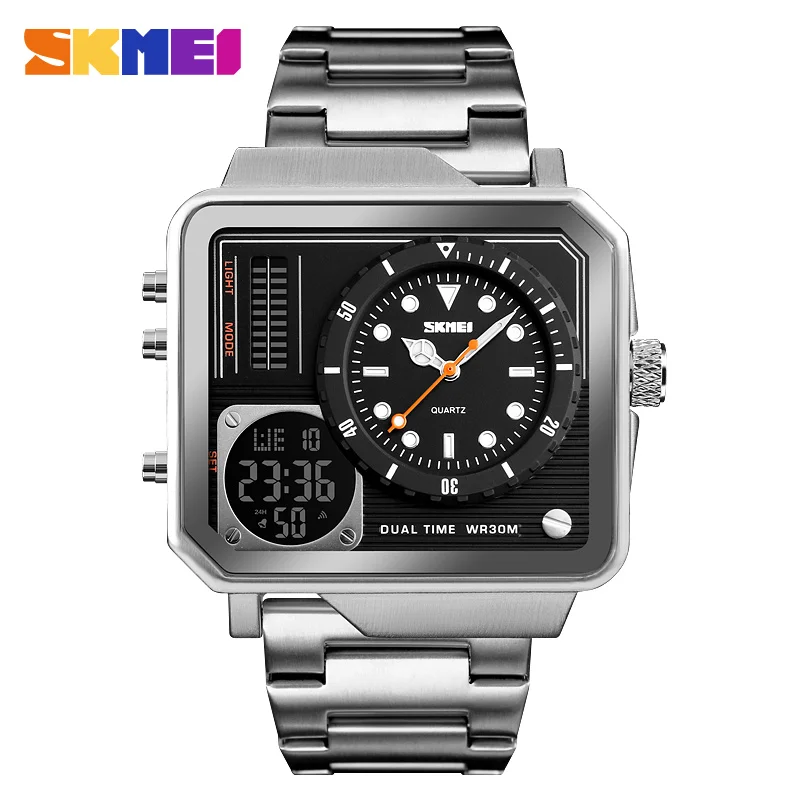 

SKMEI New Personality Men Quartz Analog Wristwatch Stainless Steel Big Dial Waterproof Watch LED Multifunction Relogio Masculino