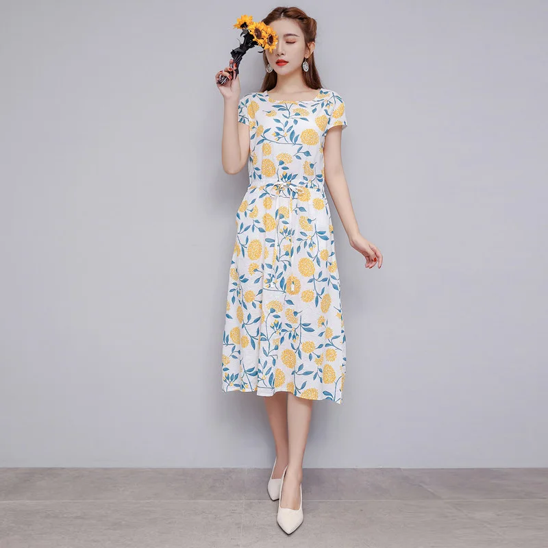 

2019 Summer Cotton Linen Dress Women Loose Plus Size Casual Print Floral Dresses OL Vintage Boho Beach Sundress vestidos 4XL