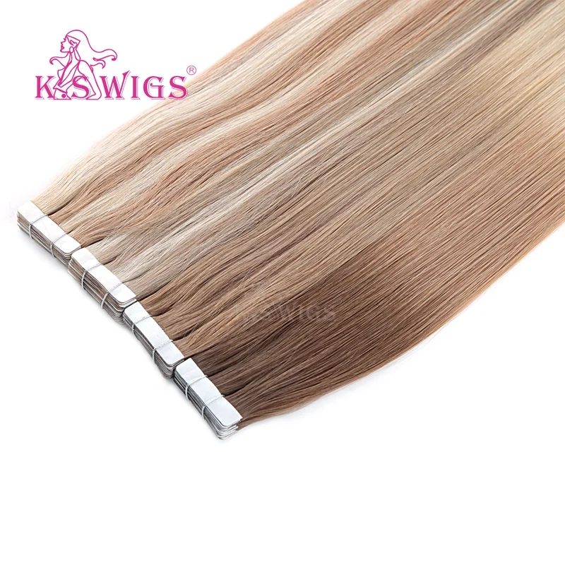 K.S WIGS Straight Tape In  Remy Hair Extensions Double Drawn Skin Weft On Adhesive Piano Color 16'' 20'' 24''