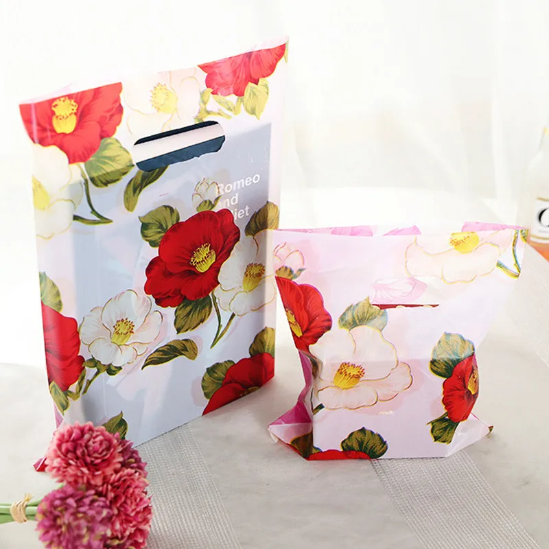 

Wholesale 25x35cm 50Pieces Purple Red Flower Design Plastic Shopping Bags Favor Wedding Gift Packaging Plastic Bags H0524