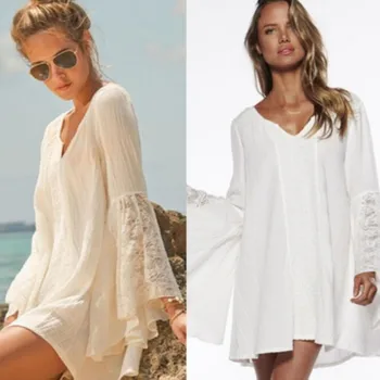 

Women Vintage Hippie Boho Mini Dress Summer Sexy Lace Bell Long Sleeves Holiday Lace Mini Dress V Neck Casual Loose