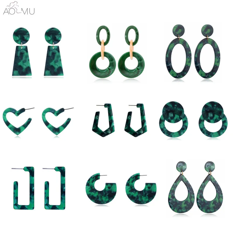 

AOMU 2019 Simple Fashion Green Resin Acetate Geometric Round Exaggeration Hollow Dangle Earrings for Women Girl Party Jewelry