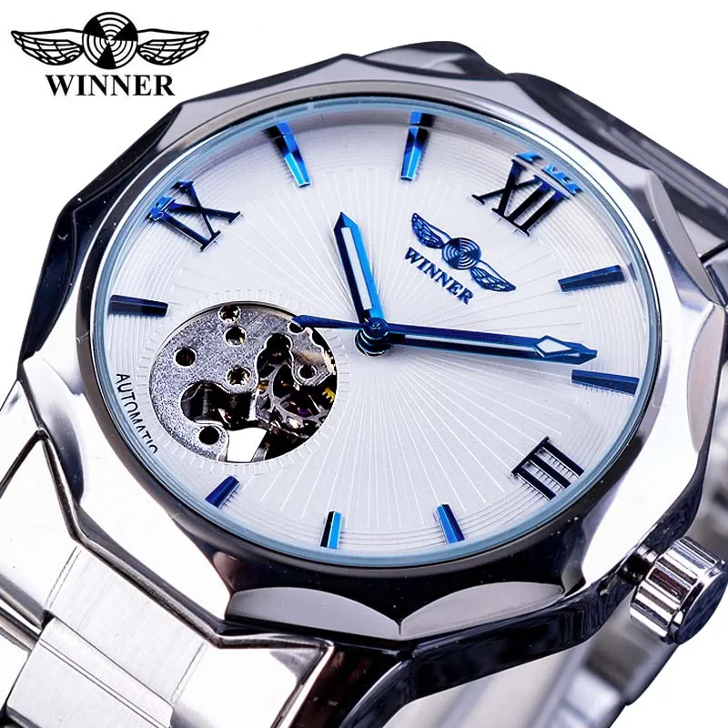 White With Box Winner синий океан геометрические дизайн Прозрачный Скелет циферблат Мужские часы лучший бренд класса люкс автоматические Модные механические часы - Цвет: White With Box