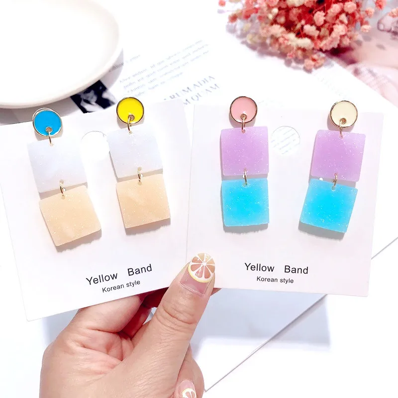 

2019 Korea Patchwork Geometric Square Candy Color Acrylic Drop Earrings For Women Fashion Jewelry Resin Dangle Pendientes