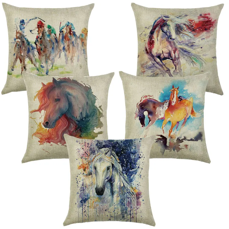 

Pillows Decorative Linen Colorful Cushions 45*45 Cushion Cover Sofa Horse Printed Pillowcase for Living Room Pillow Cover 40581