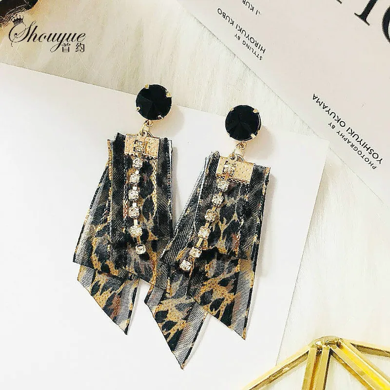 

Korean Style Long Leopard Lace Geometric Aretes Drop Earring Personality Temperament Tassel Earrings Luxury Jewelry for Women