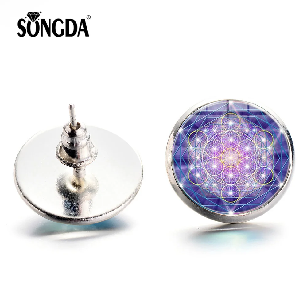 

SONGDA Metatron Cube Flower of Life Earrings Sacred Geometry Hexagonal Star Pattern Glass Round Gem Stud Earrings Women Jewelry