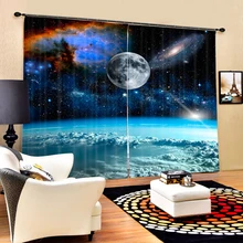 Senisaihon Modern 3D Blackout Window Curtains Cartoon Earth Space Galaxy Pattern Polyester Bedroom Curtains for Living Room