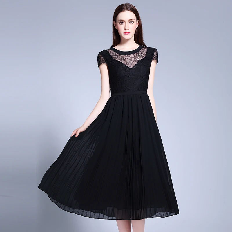

2019 summer women lace chiffon pleated dresses black color plus size A-line design hollow lace women sexy long party dress