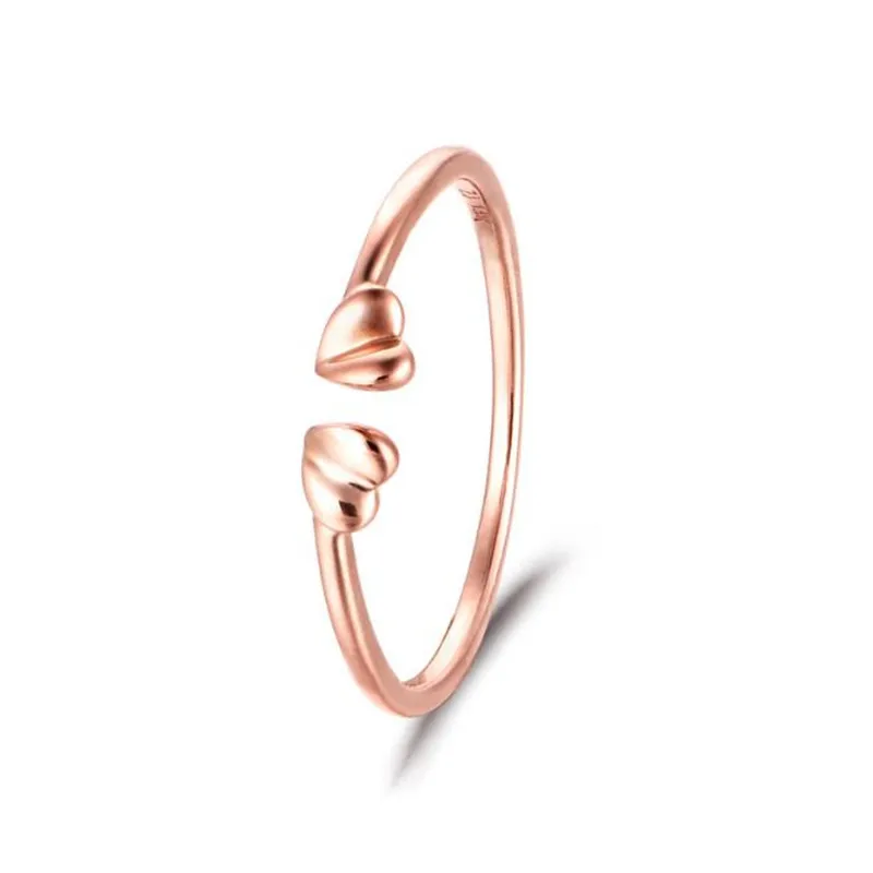 

100% 18K Gold Double Hearts Of Love Real Gold Open Finger Rings For Women Engagement Jewelry 1.02G