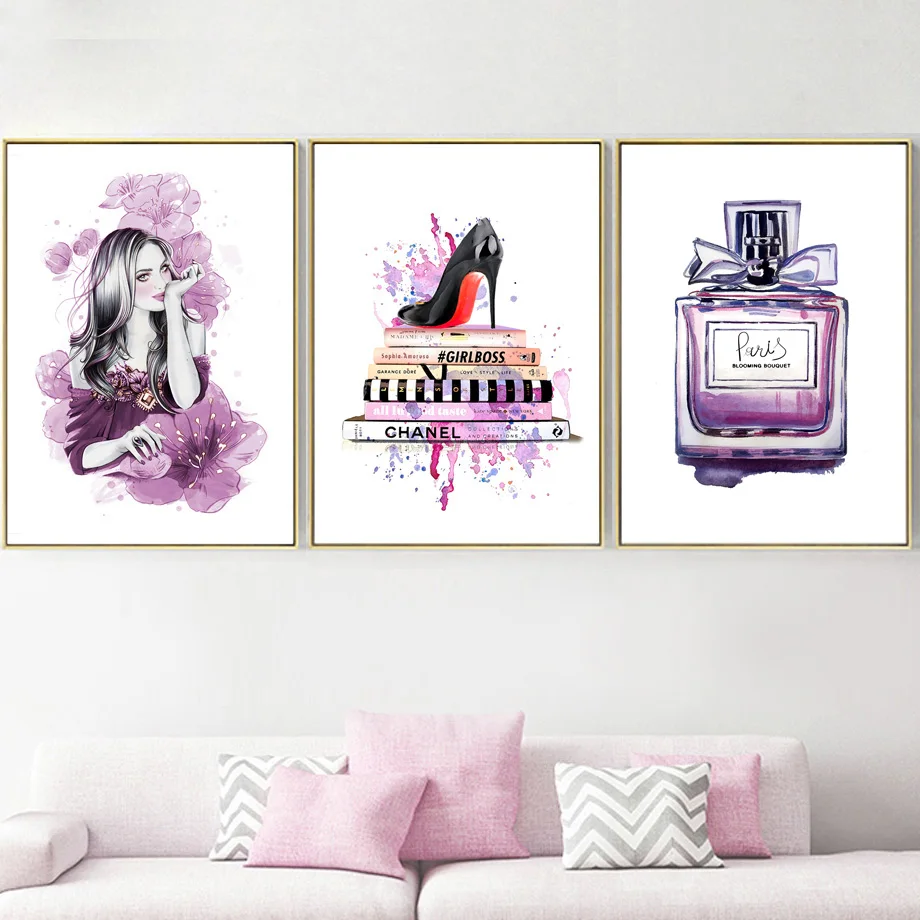 

Purple Perfume Bottle Book High heels Girl Wall Art Canvas Painting Nordic Posters Prints Wall Pictures For Living Room Decor