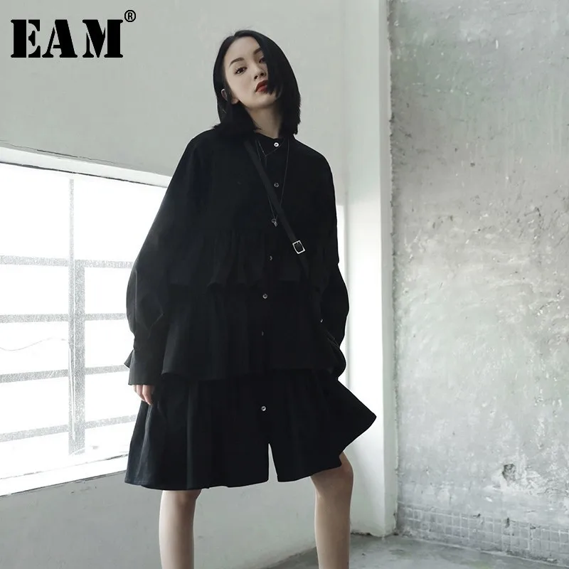 

[EAM] 2019 New Spring Summer Lapel Long Sleeve Black Loose Long Cakr Ruffles Stitch Shirt Women Blouse Fashion Tide JL455
