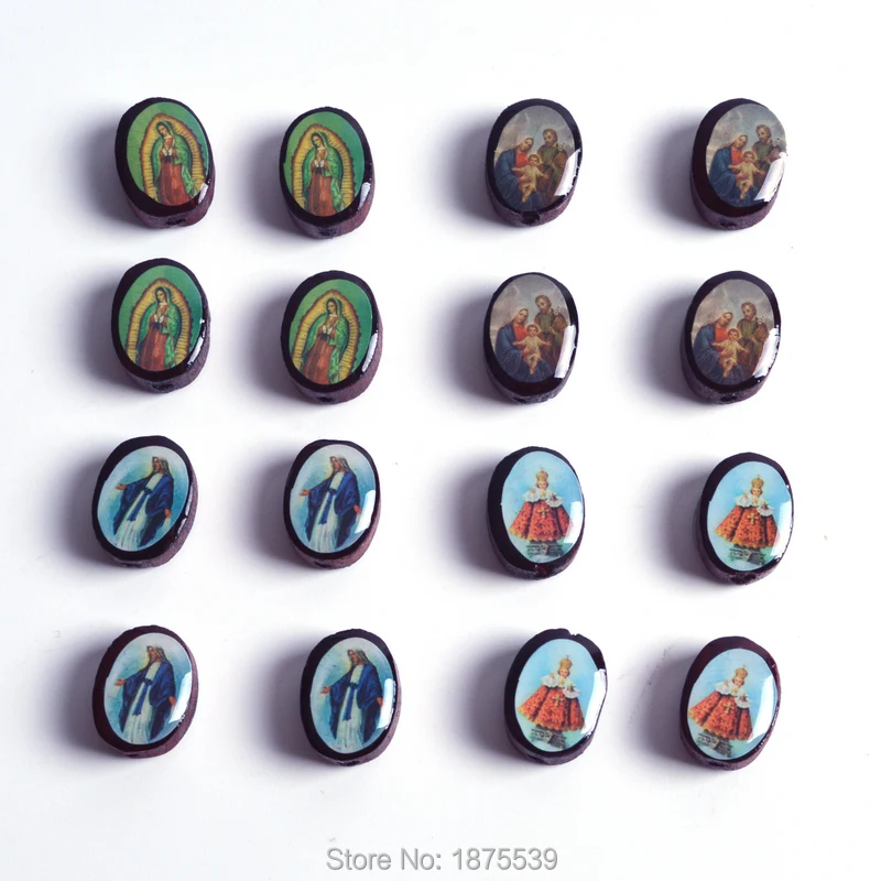 

Catholic Oval Wood Bead Our Lady of Guadalupe Holy Family Infant Jesus Immaculate Mary