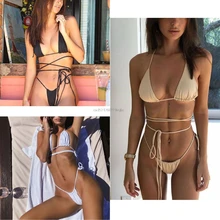 Женское сексуальное бикини с v-образным вырезом, треугольный бюстгальтер с рюшами, низкая талия, с боковой завязкой, Т-образный вырез, одноцветные стринги на бретелях, бандажный купальник