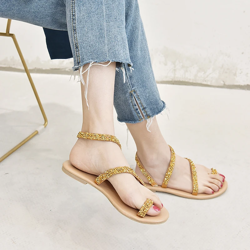 

Summer Beach Sandals Bohemian Gladiator Sandals Women Shoes Flat Heels Fashion Comfortable Crystal Gold Female Plus Size 35-44