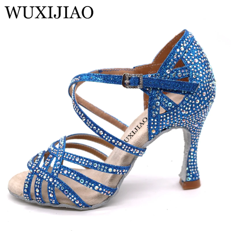 Dance Shoes WUXIJIAO Gold silver Rhinestone Latin Dance Shoes Women Salas Ballroom Shoes Pearl High Heel 9cm Waltz Software