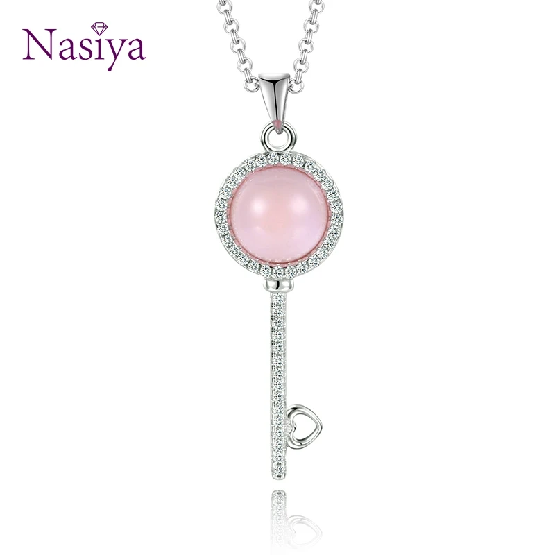 

925 Sterling Silver Lovely Women Pendant Necklace Key Shape Pink Female Fine Jewelry Valentine's Day Present