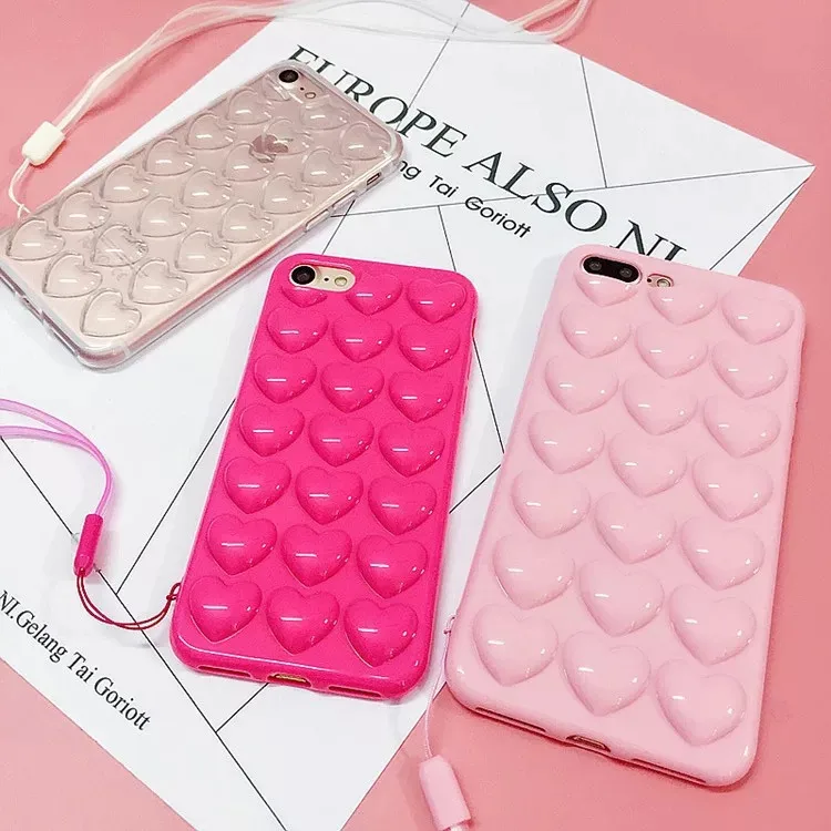 

NECONO For iPhone X 8 8Plus New Hot Stylish 3D Stereo Heart Shapes Candy Color Soft TPU Case For iPhone 6 6s 7 Plus Free Lanyard