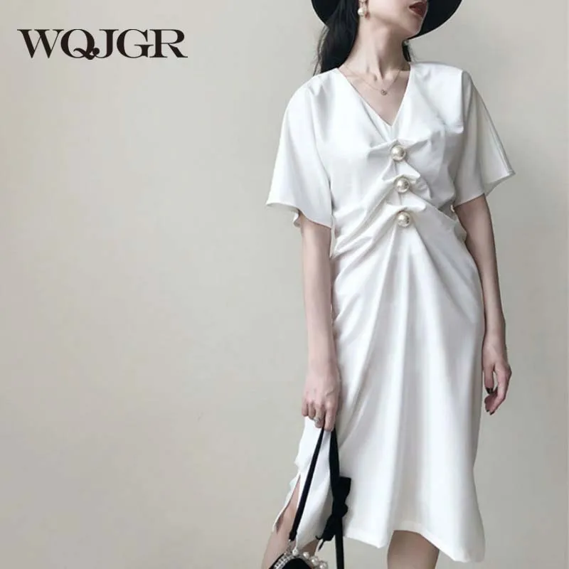 

WQJGR Summer Dress 2019 Polyester and Spandex Knee-Length Dress Women Short Sleeve V-Neck White Dress