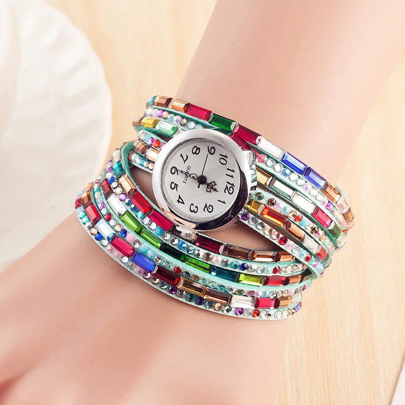 Стразы из искусственной кожи ремешок многослойный браслет часы для женщин кварцевые плетеные обмотки наручные часы для женщин Роскошные красочные