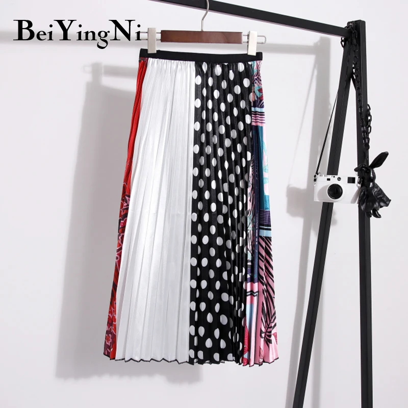 

Beiyingni 2019 Spring New-Coming Europen Skirts Woman Dots Printed High Street Contrast Stitching Skirt Female Summer Saia Falda