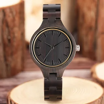 

Handmade Natural Wooden Quartz Women Watch Slim Thin Full Bamboo Black Ebony Wristwatch For Ladies Beauties Reloj de madera