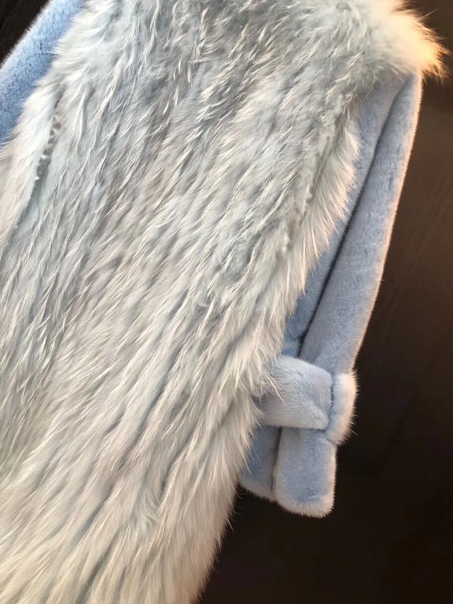 Длинный 85 см натуральный белый мех енота пальто с полным пелтом норки меховой рукав Зимняя Толстая Меховая куртка для женщин