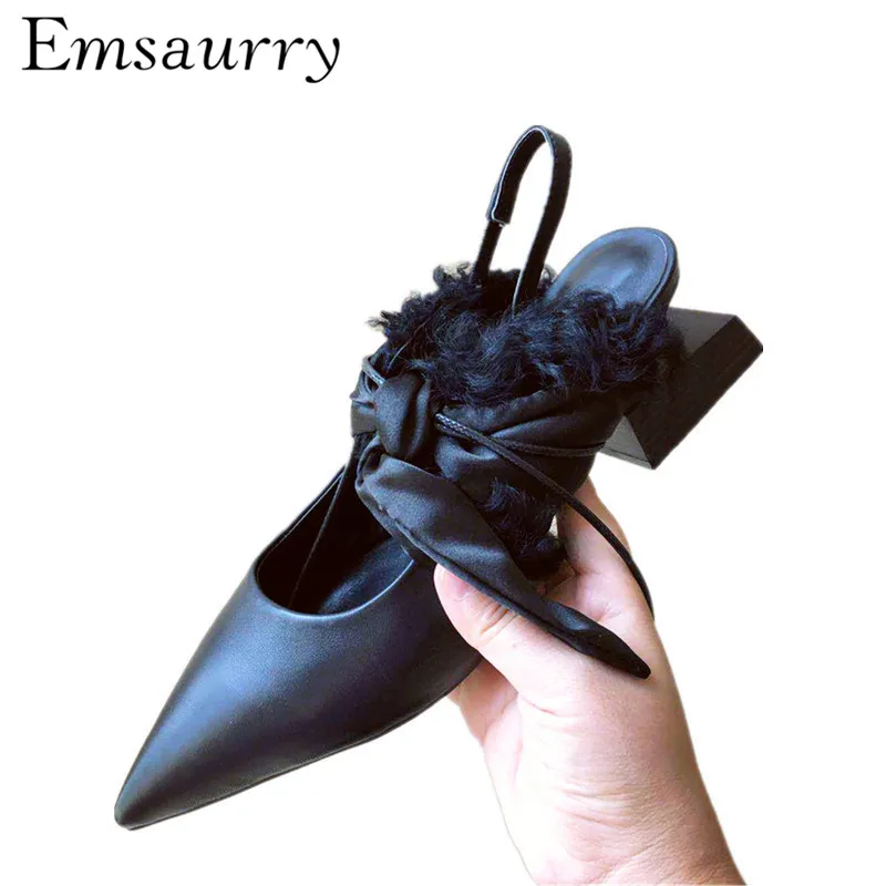 

Individual Square Heel Mules Back Strap Wool Decor Sexy Point Toe Genuine Leather Butterfly-knot Gladiator Sandals Women