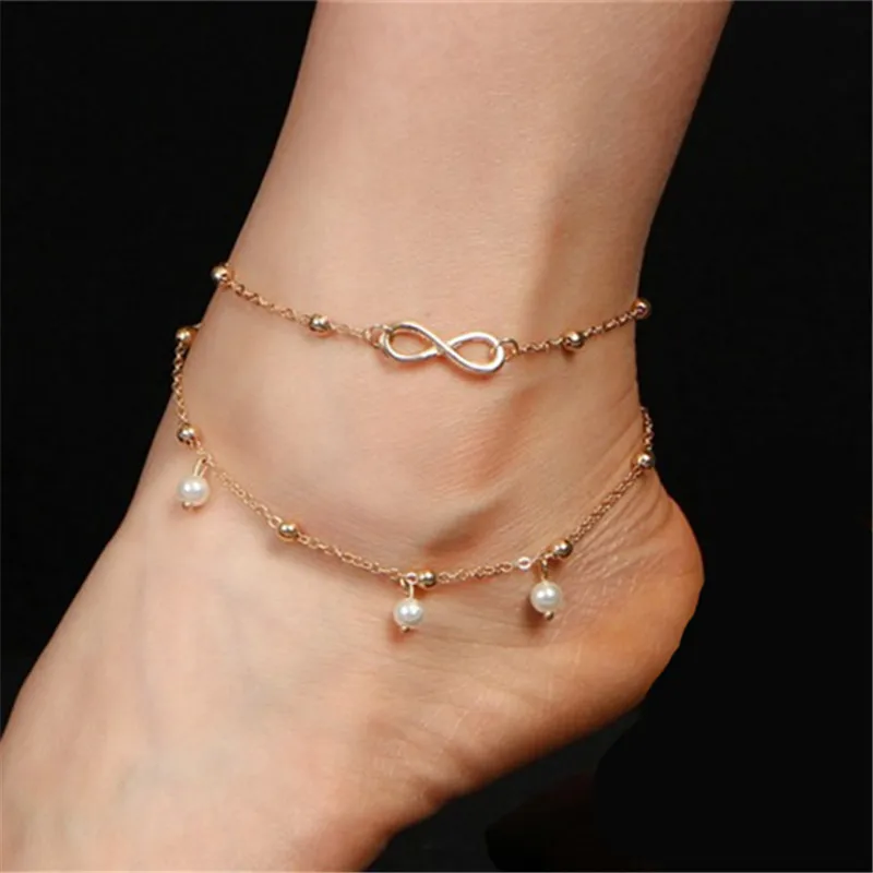 

ZCHLGR Cute Infinity Love Anklet & Bracelet Sandals Imitation Pearl On Foot Multilayer Chain Ankle Braclet for Women Summer gift